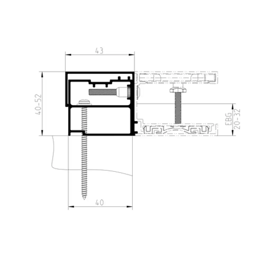 Eckprofil von Roth mit Befestigungsmechanismen, dargestellt in einer technischen Zeichnung. Maße und Details sind schematisch abgebildet.